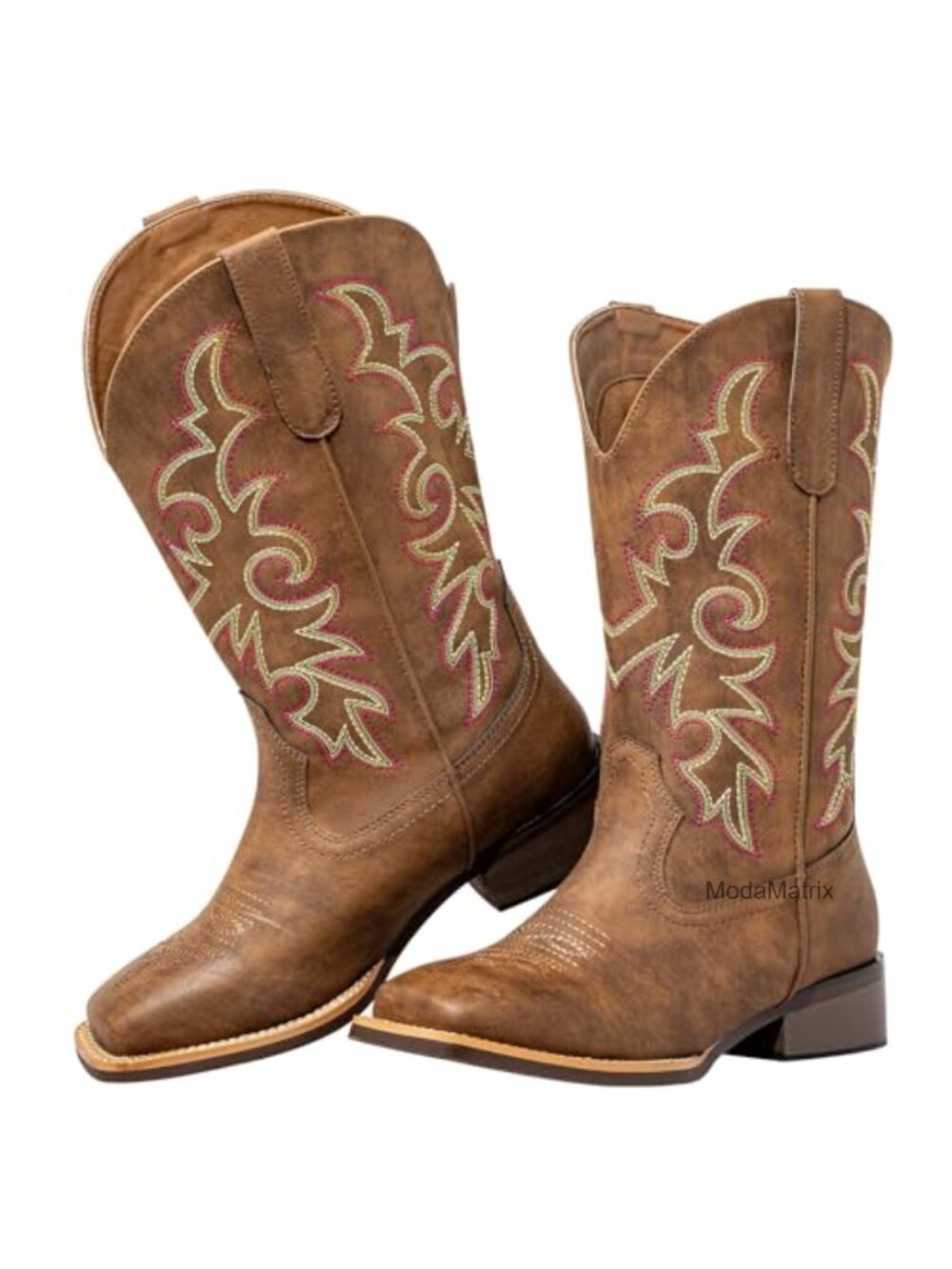 Extra Wide Calf Cowgirl Boots Square Toe Pull-On Faux Leather Women's Mid-Calf